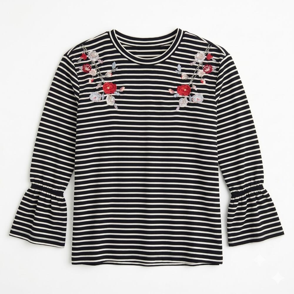 LOFT Floral Embroidered Striped Top Black White Bell Sleeve Womens Medium